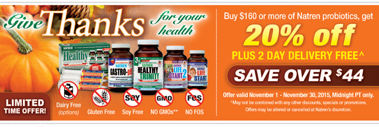 Buy $160 or more of Natren Probiotics, get 20% off plus 2 day delivery FREE